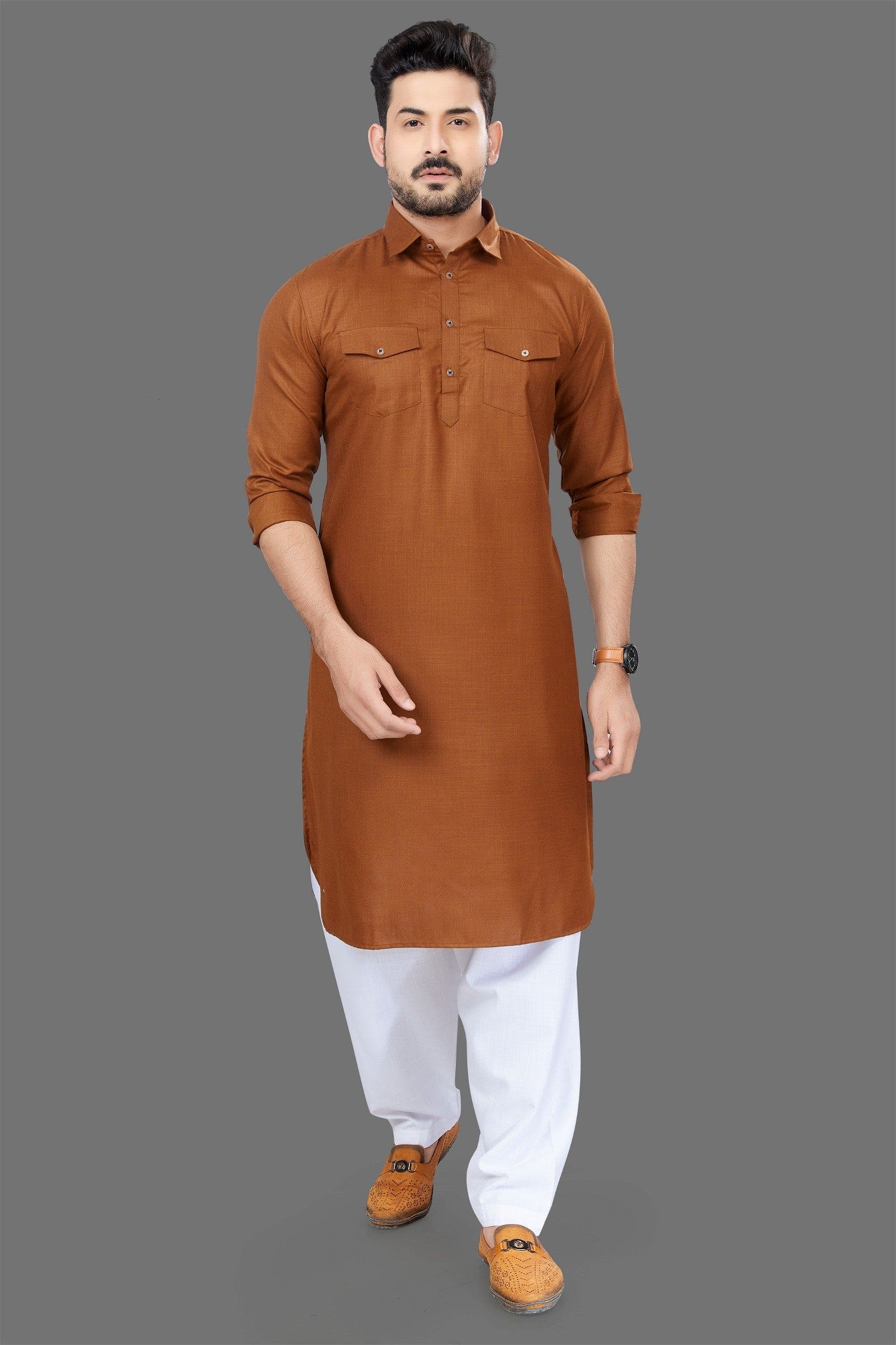 Light Brown Colour Mens Pathani Kurta Pajama - Fizzibyizzi