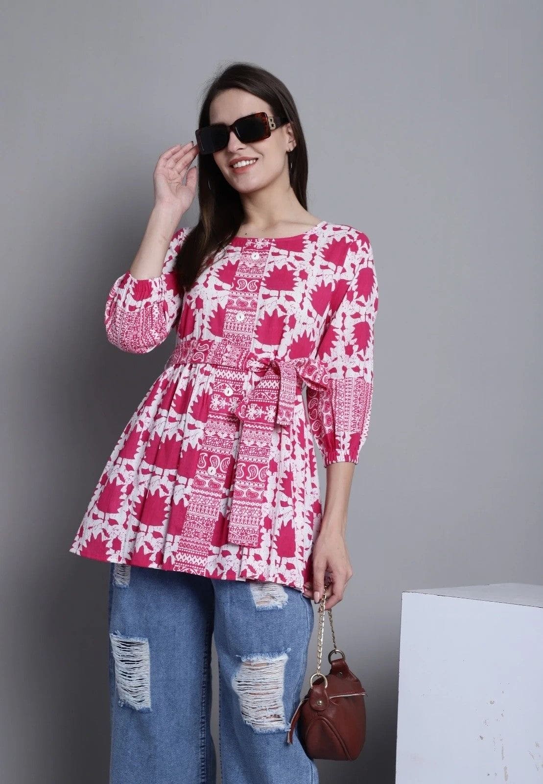 Pink Cambric Printed Cotton Tops For Women - Fizzibyizzi
