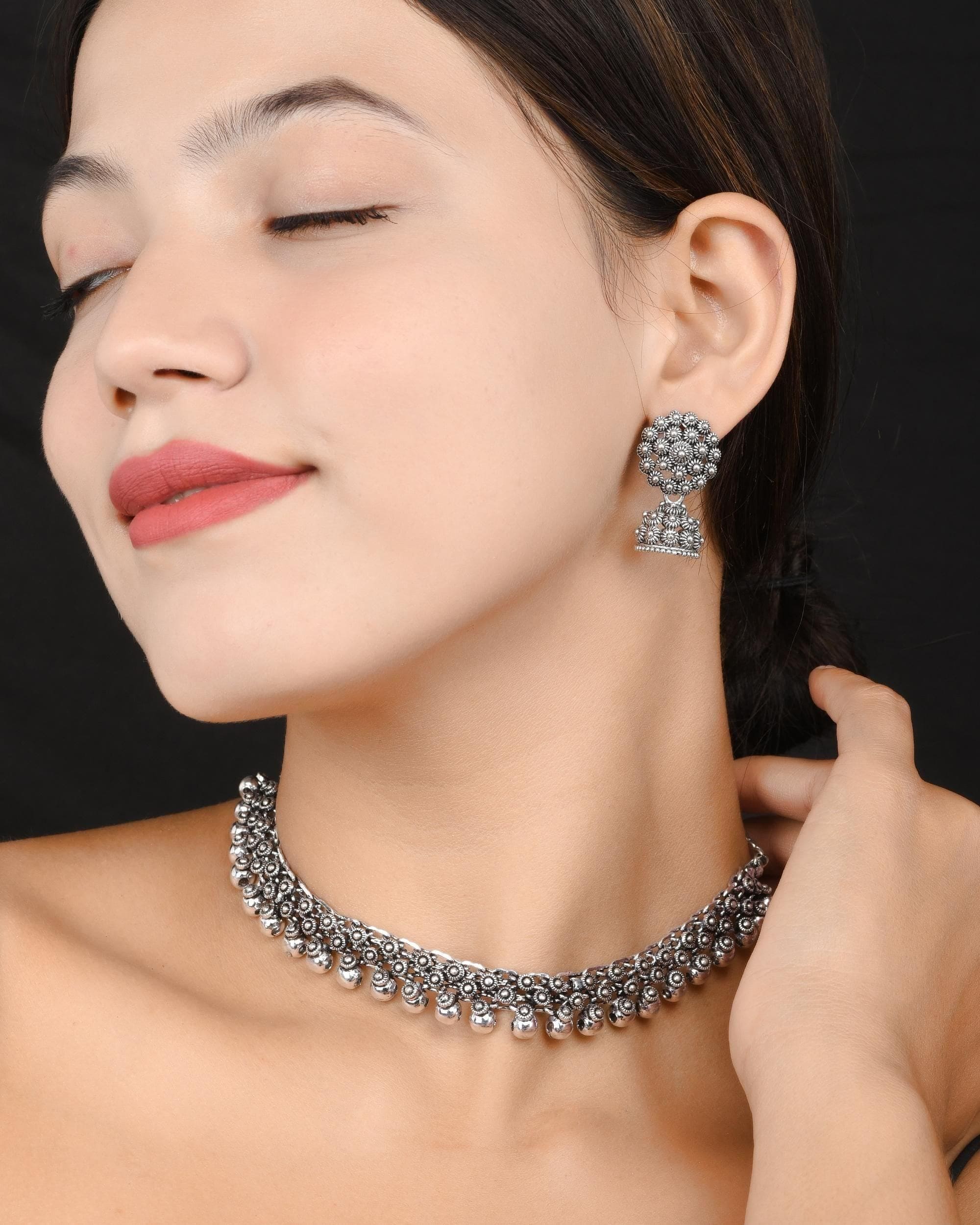 Elegant German Silver Oxidised Choker Jewellery Set for Women and Girls - Fizzibyizzi