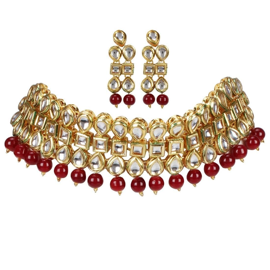 Elegant Gold Plated Bollywood Inspired Maroon Traditional Kundan Necklace Set - Fizzibyizzicommerce