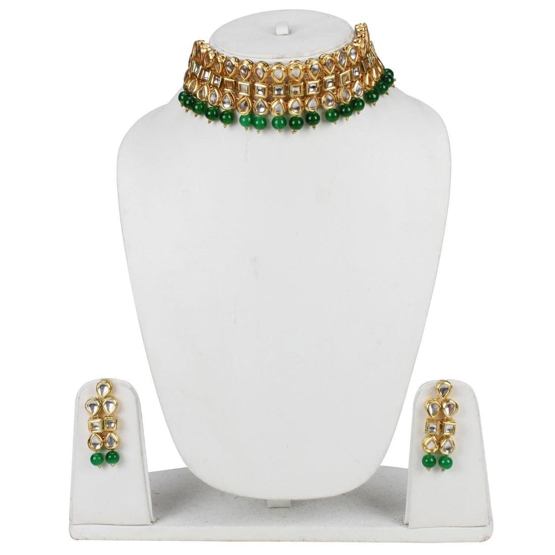 Elegant Gold Plated Bollywood Inspired Green Traditional Kundan Necklace Set - Fizzibyizzicommerce