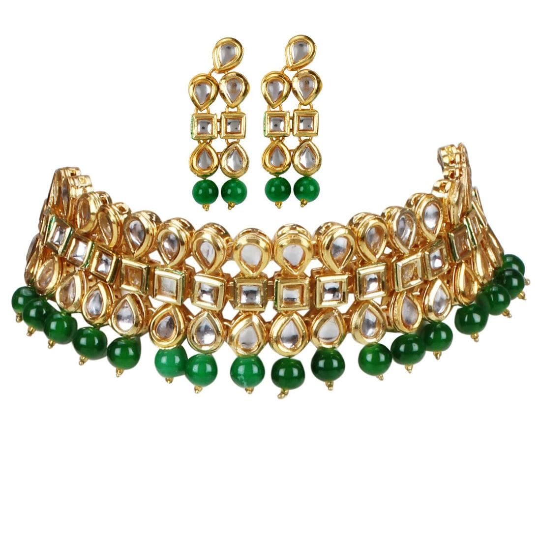 Elegant Gold Plated Bollywood Inspired Green Traditional Kundan Necklace Set - Fizzibyizzicommerce