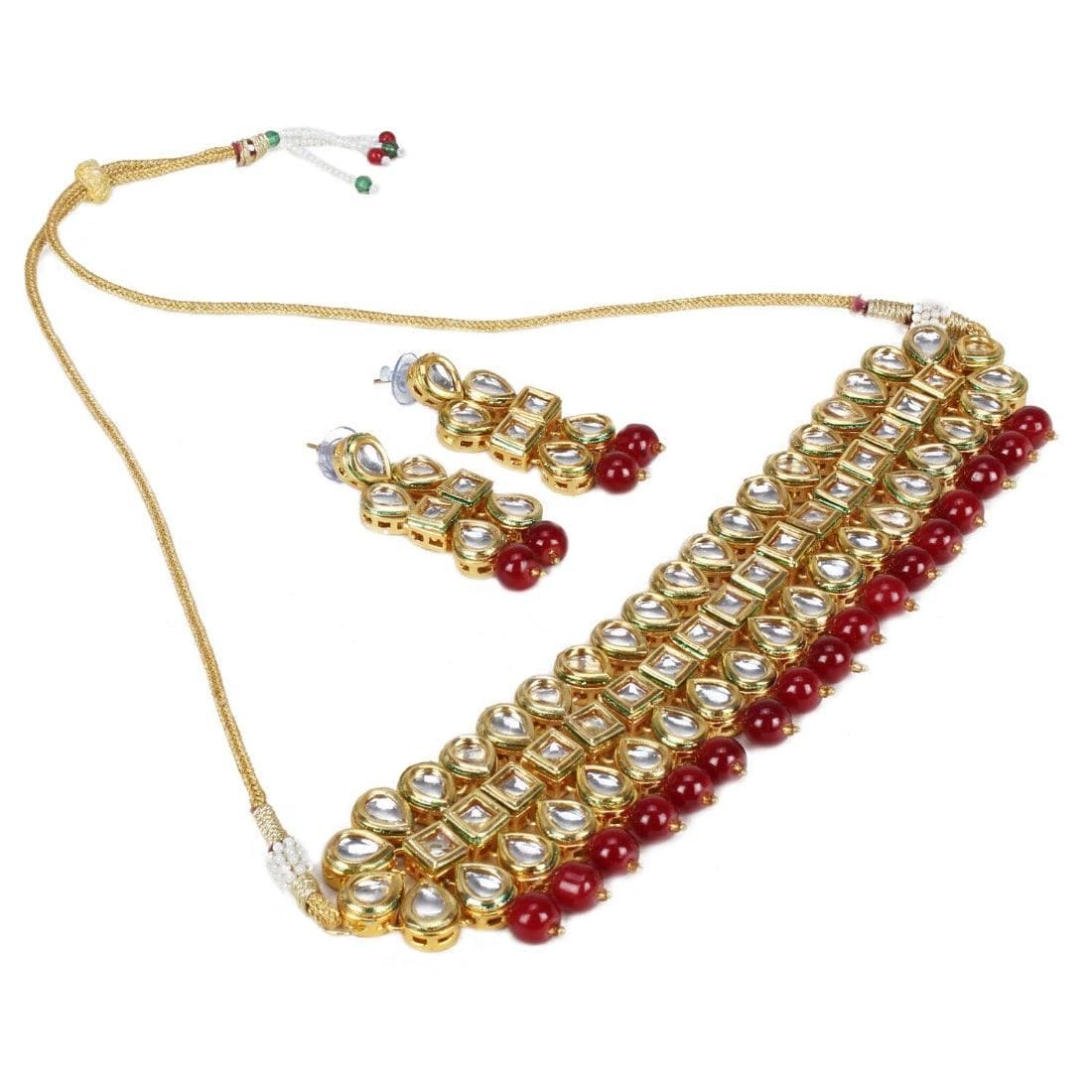 Elegant Gold Plated Bollywood Inspired Maroon Traditional Kundan Necklace Set - Fizzibyizzicommerce