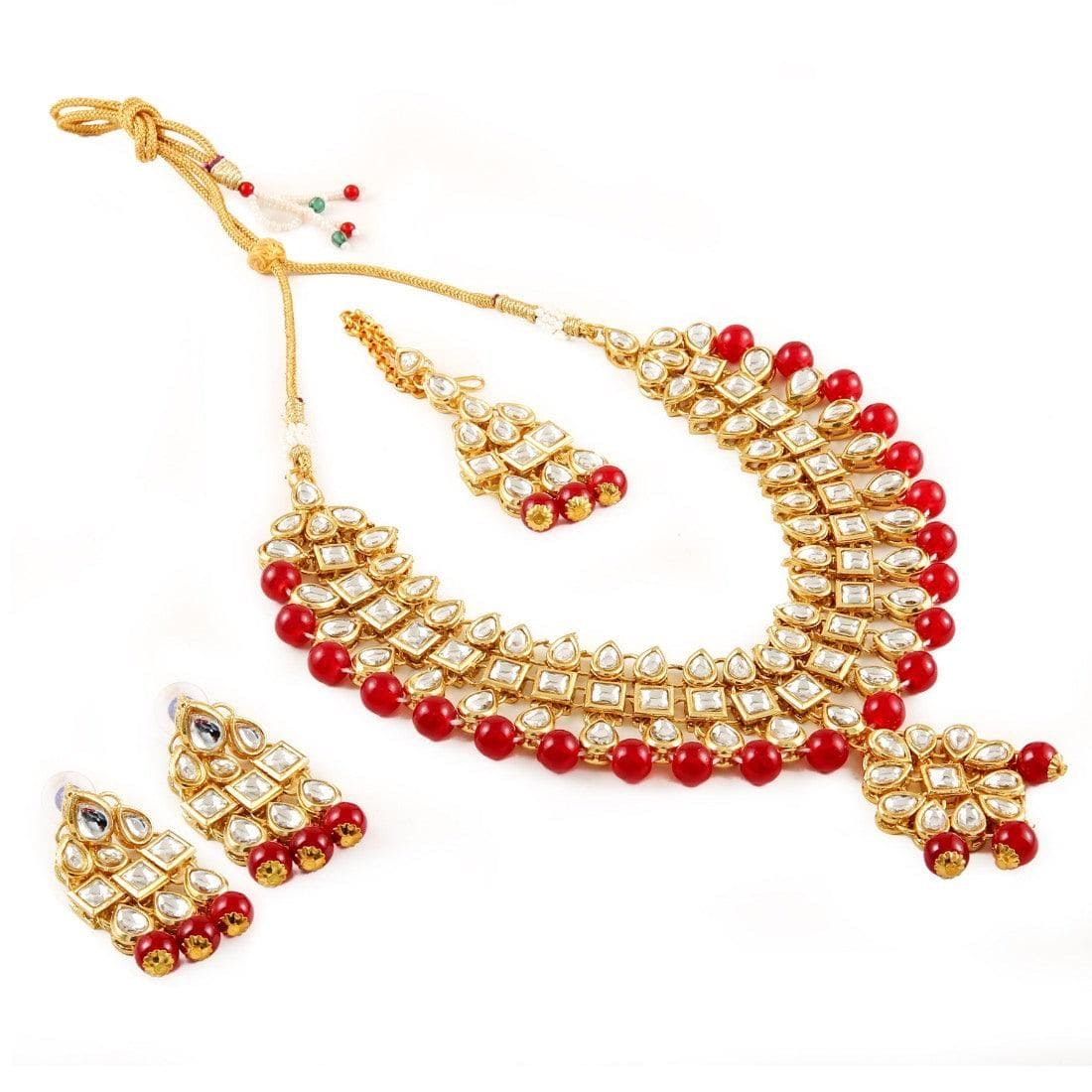 Generic Maroon Beads Gold Plated Kundan Necklace Set For Women - Fizzibyizzi