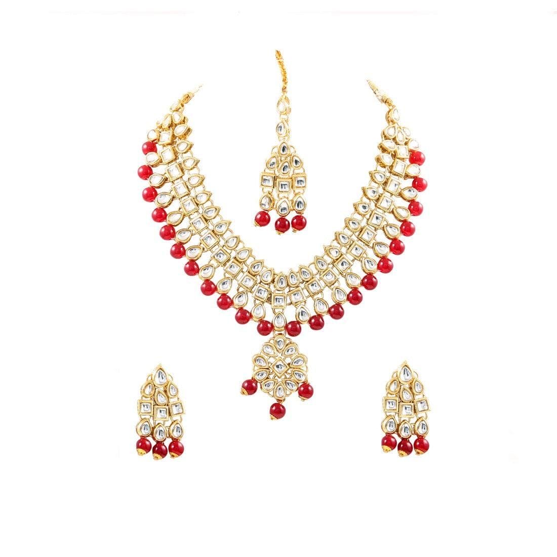 Generic Maroon Beads Gold Plated Kundan Necklace Set For Women - Fizzibyizzi