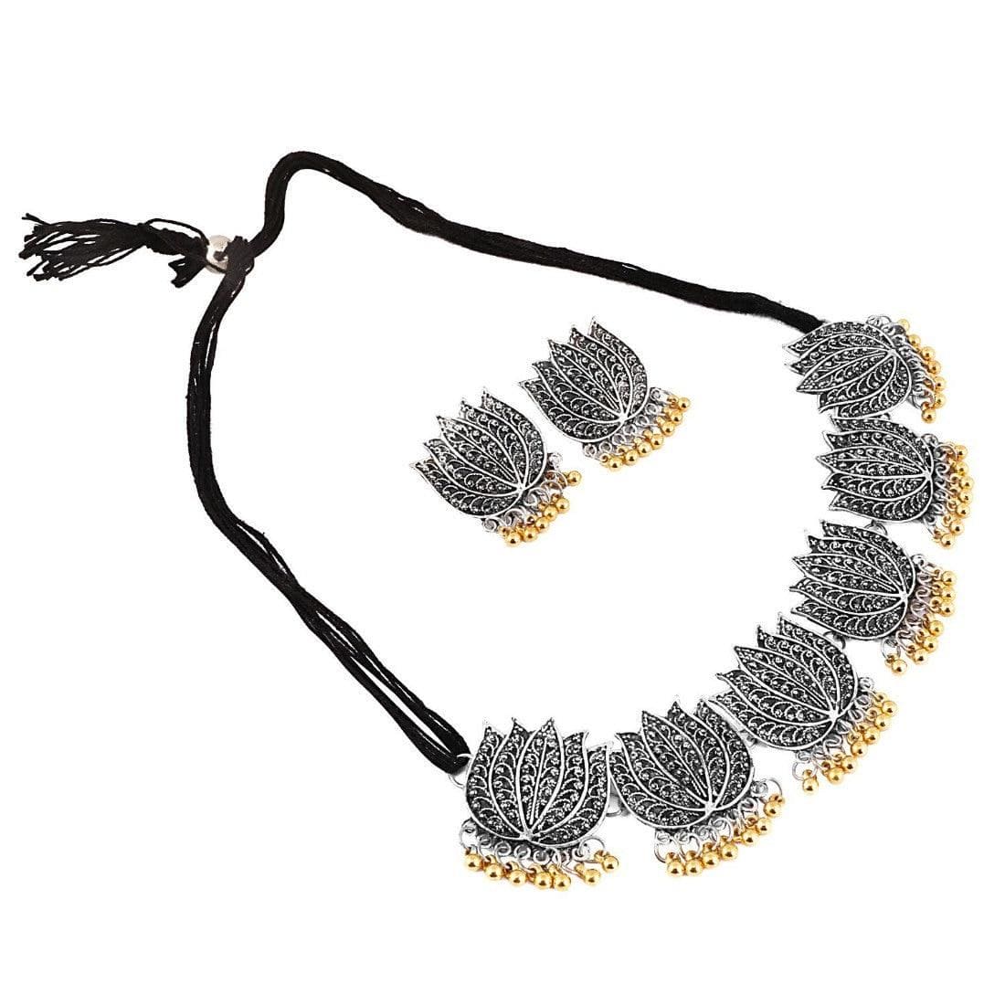 Generic Antique Silver Oxidised Plated Tribal Afghani Necklace With Earrings Set For Women - Fizzibyizzi