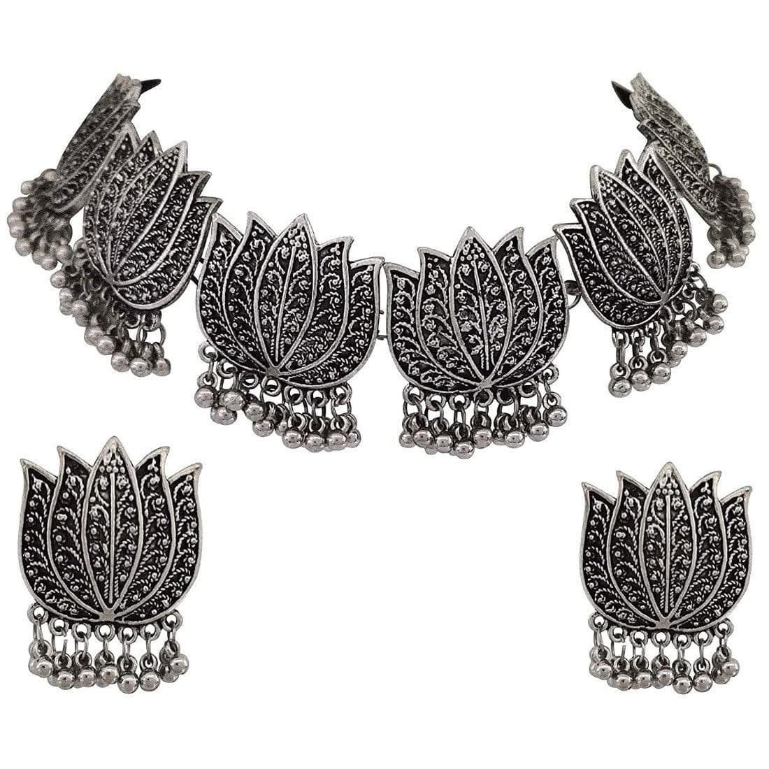 Generic Antique Silver Oxidised Tribal Afghani Necklace With Earrings Set For Women - Fizzibyizzi