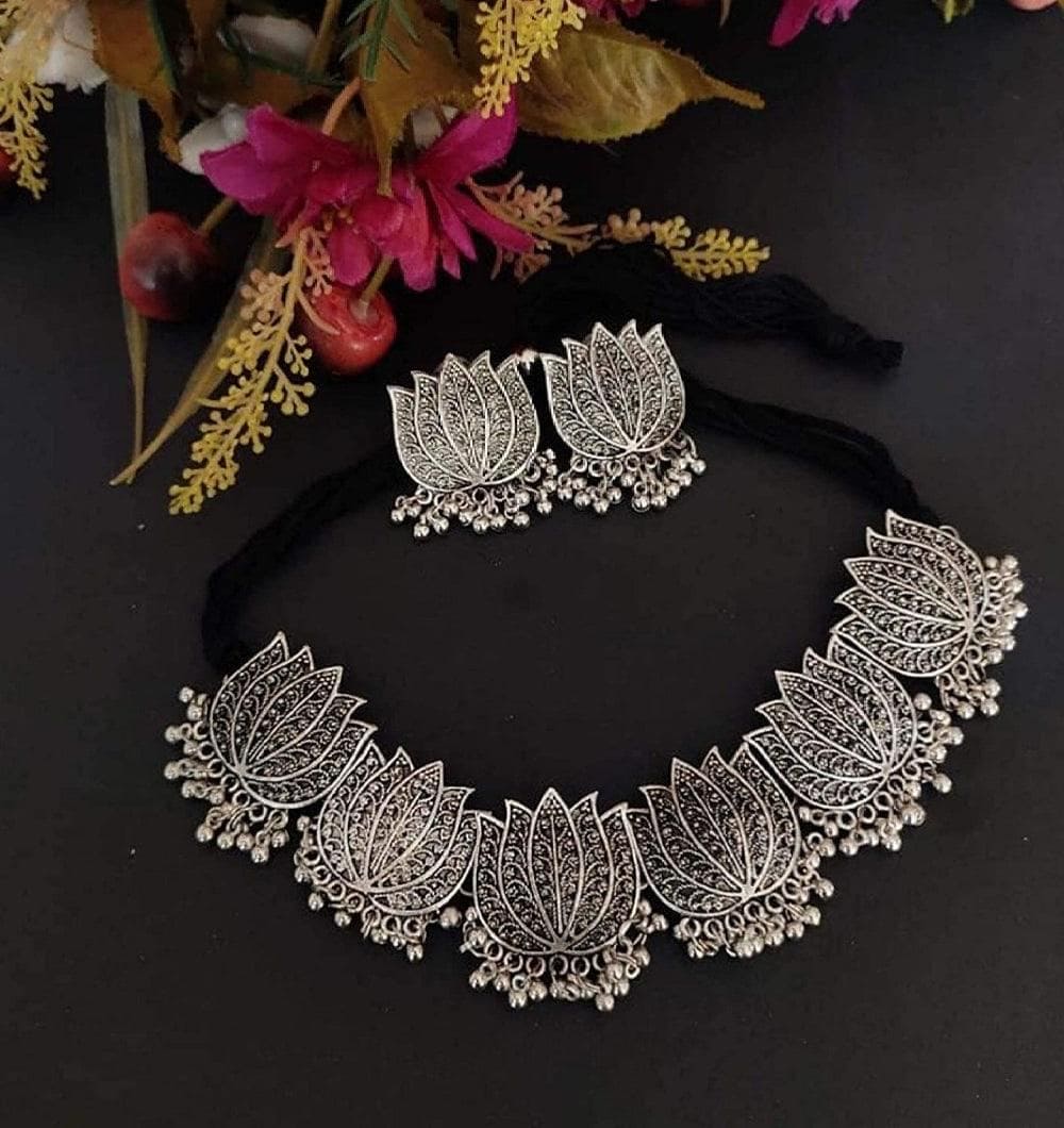 Generic Antique Silver Oxidised Tribal Afghani Necklace With Earrings Set For Women - Fizzibyizzi