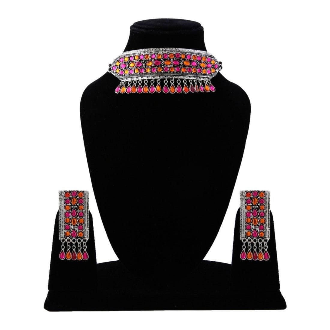 Generic German Oxidised Plated Tribal Afghani Choker Necklace With Earrings Set For Women - Fizzibyizzi