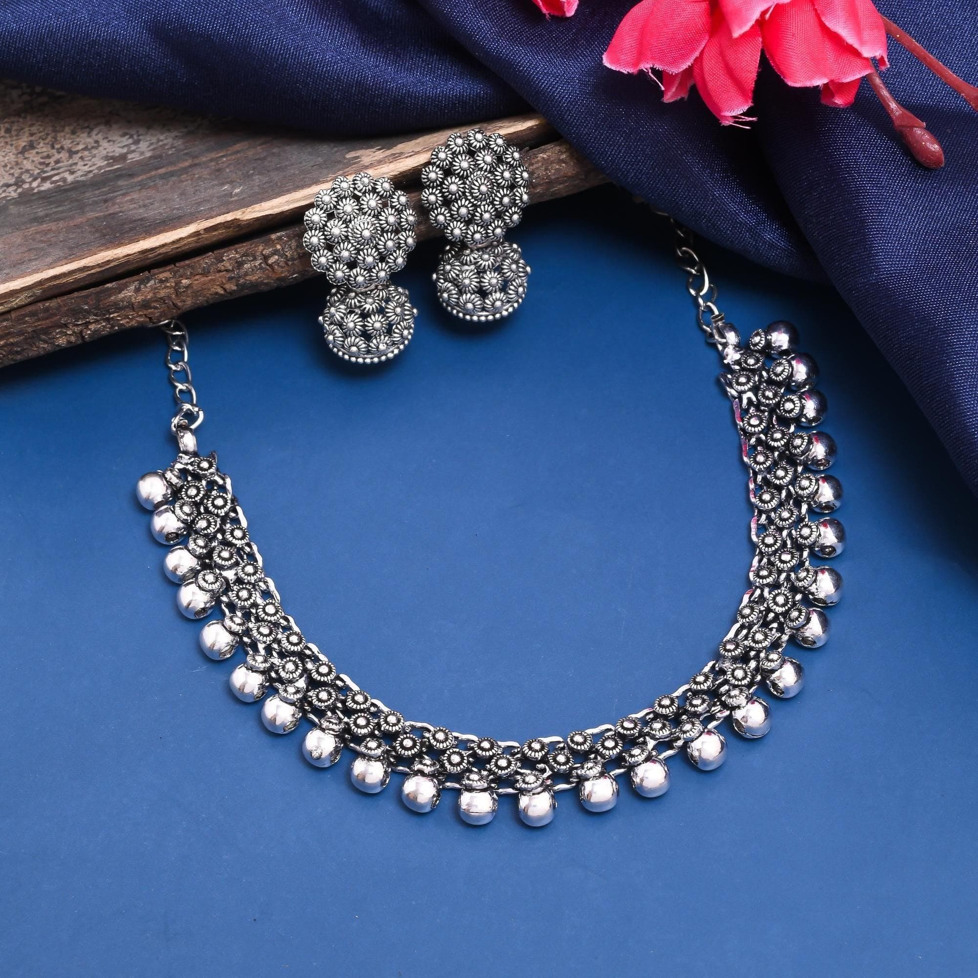 Elegant German Silver Oxidised Choker Jewellery Set for Women and Girls - Fizzibyizzi