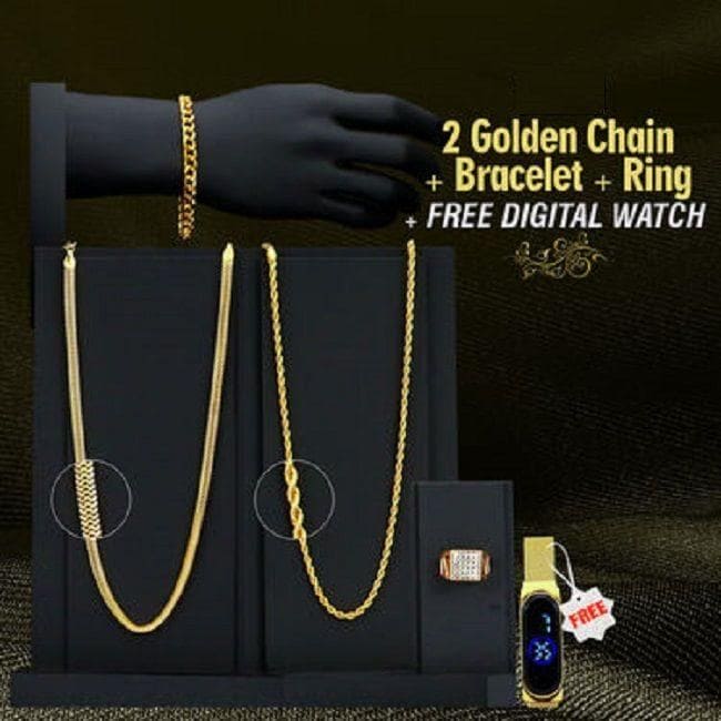 Fidato Pack Of 2 Golden Chain With Golden Bracelet And Diamond Ring + Free Digital Watch Combo - Fizzibyizzi